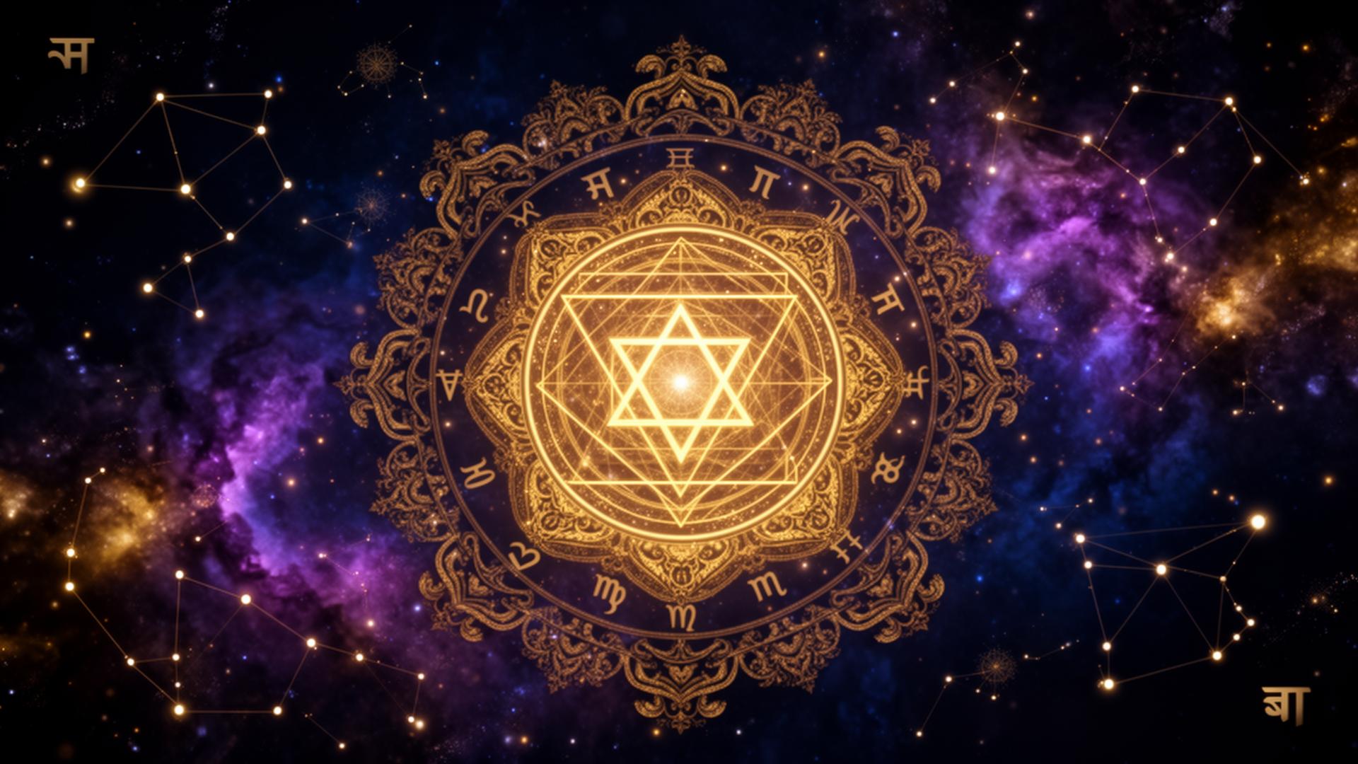 Sacred Vedic mandala in cosmic nebula